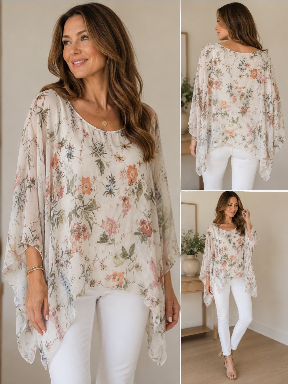 Viola Borghi Italian Silk Floral Flowy Tunic Blouse Top Boho Romantic S